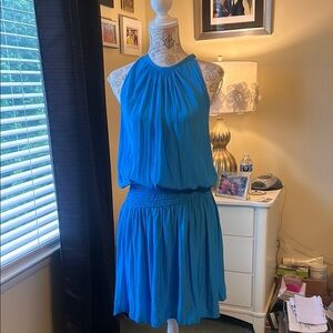 Ramy Brook Bright Teal Blue Halter Pleated Dress